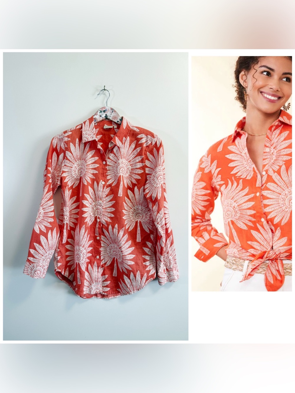 SPARTINA 449 Callie Linen Fan Floral Tropical Button Up Shirt Top Orange Medium
